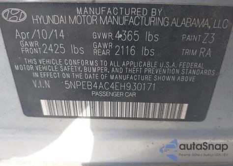 2014 Hyundai Sonata Gls z USA, uszkodzony, nr VIN 5NPEB4AC4EH930171